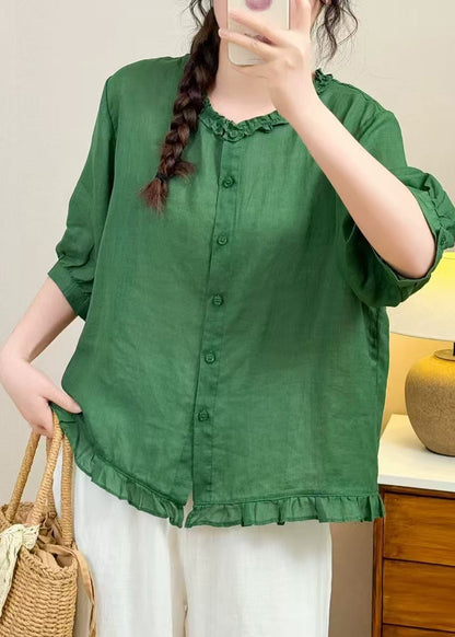 Simple Blue Ruffled Linen Blouse Tops Half Sleeve
