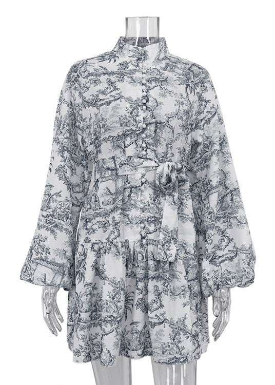 Style Grey Print Tie Waist Puff Sleeve Cotton Vacation Dress