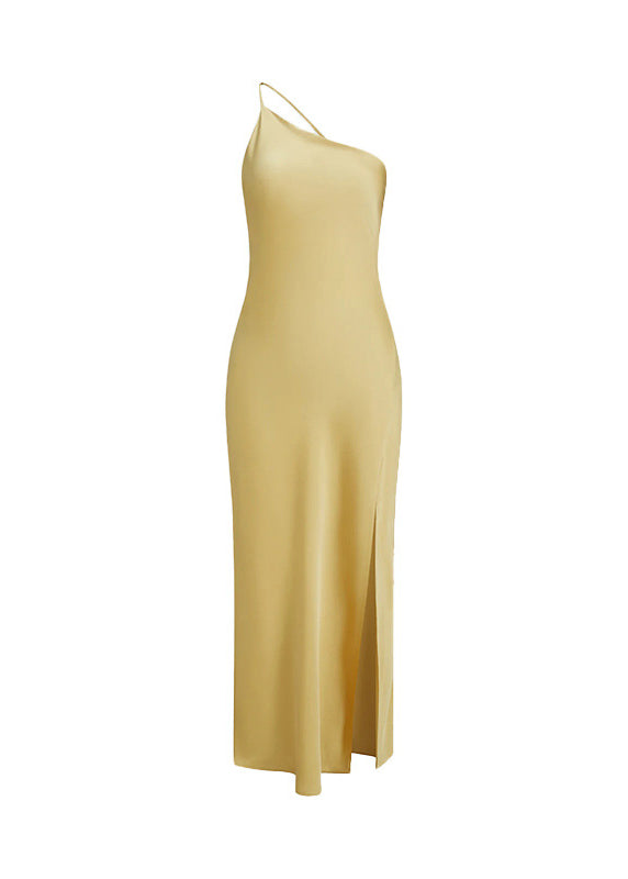 European and American Style Yellow Backless Side Open Silk Dress Sleeveless