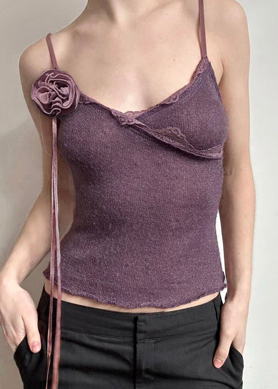 Slim Fit Purple Lace Knitting Cotton Spaghetti Strap Vest Sleeveless