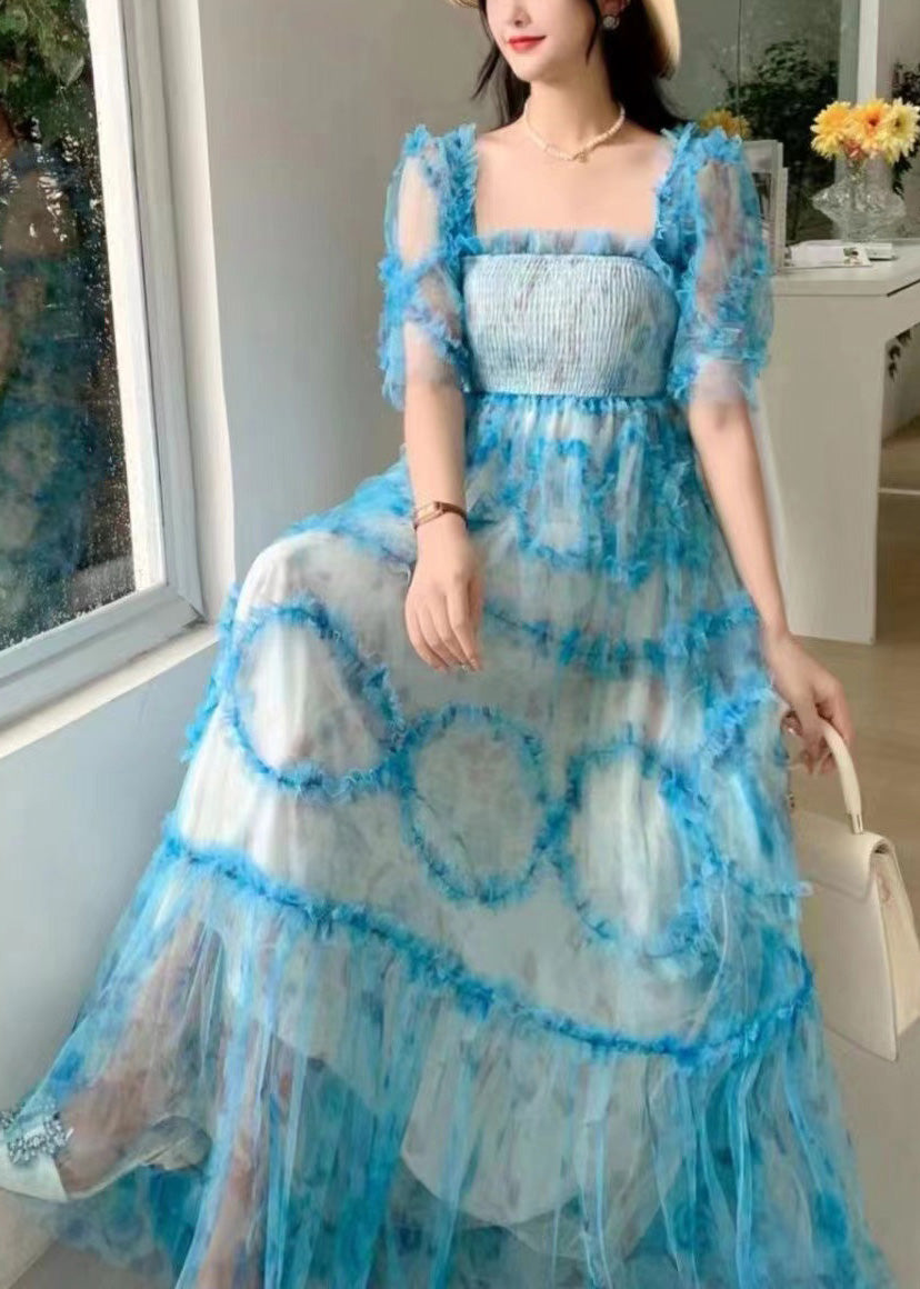 Blue Square Collar Ruffled Print Tulle Long Dress Summer