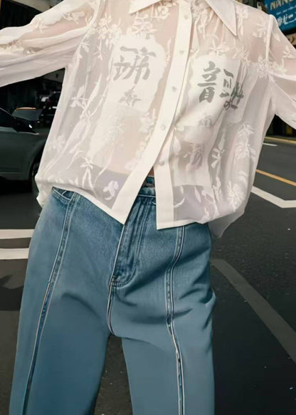 White Print Chiffon Upf 50+ Shirts Spring