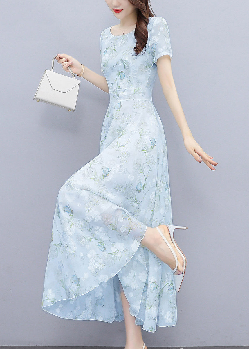 Light Blue Print Silm Fit Chiffon Long Dresses Summer
