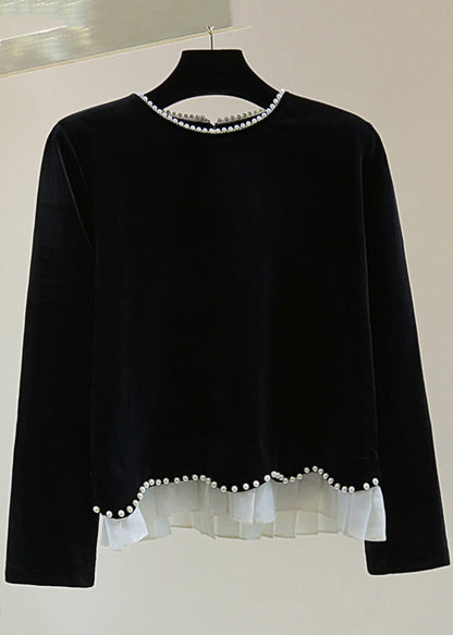 Simple Black O-neck Nail Bead Silk Velvet Sweater Winter