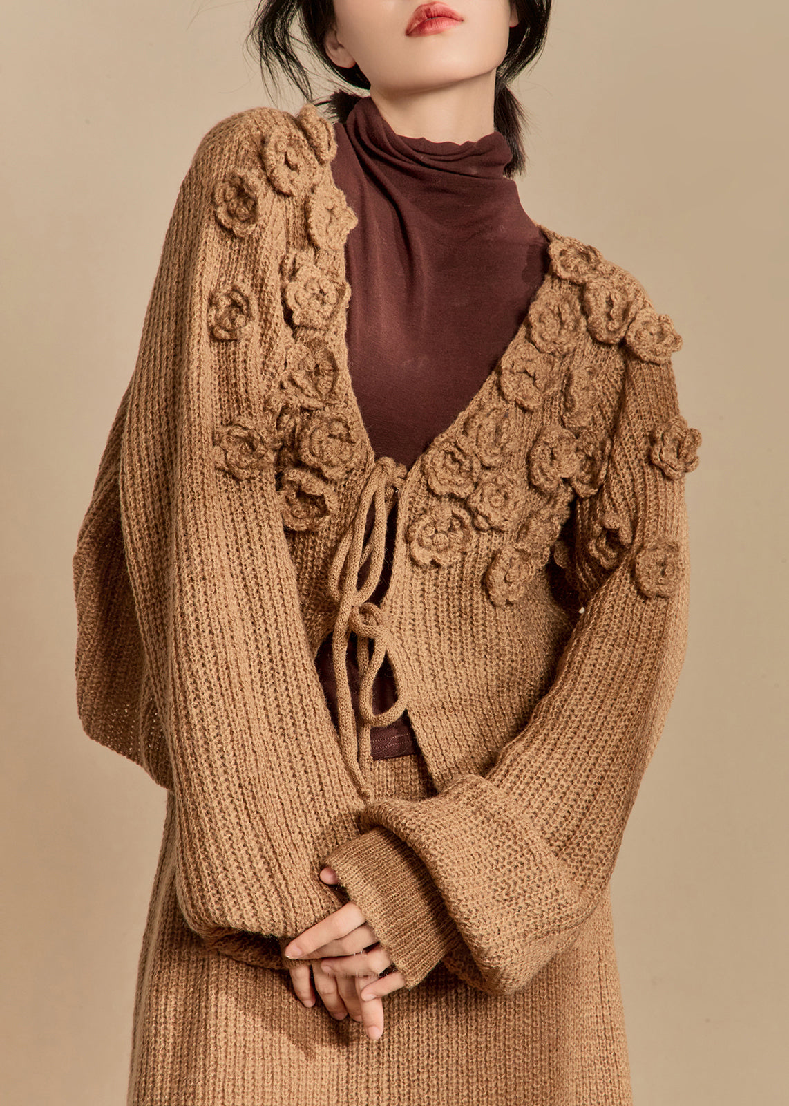 Dark Khaki Lace Up Hollow Out Knit Two Piece Set Spring