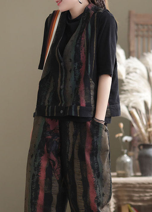 Black Print Vest Harem Pants Two Pieces Set Spring