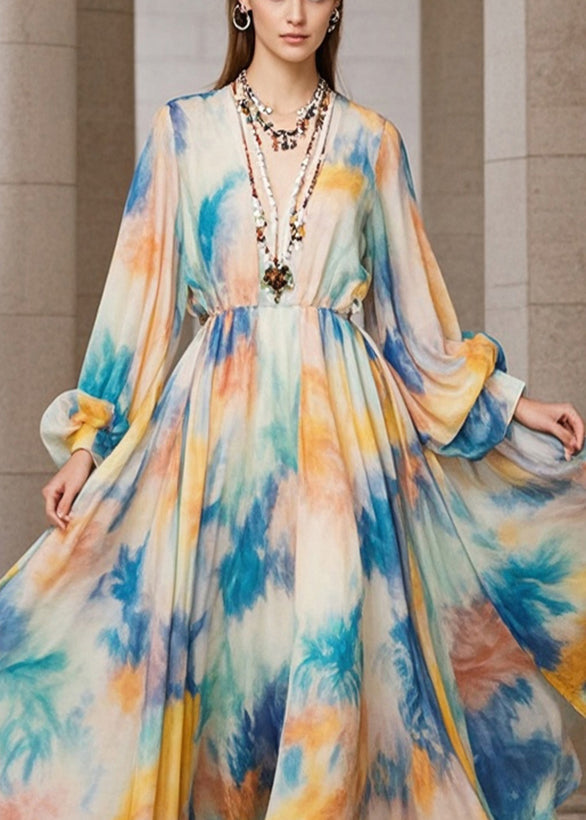 Beige Tie Dye Exra Large Hem Chiffon Maxi Dress Fall