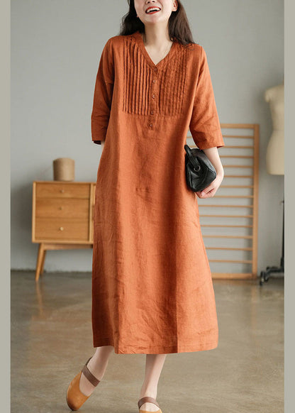 Organic Orange V Neck Wrinkled Linen Party Dress Half Sleeve