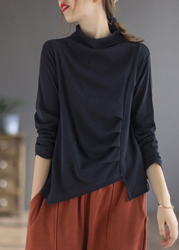 Blue Turtleneck Asymmetrical Design Patchwork Fall Tops