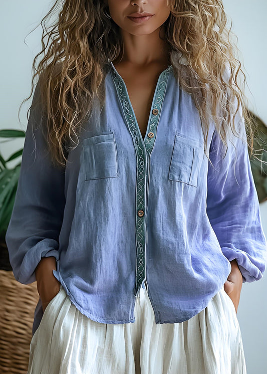 Purple V Neck Print Button Cotton Shirts Tops Spring