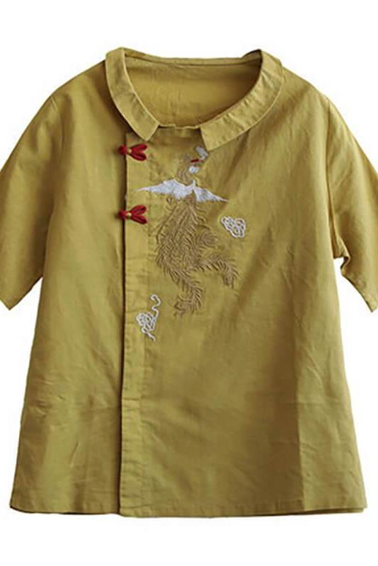 Embroidered Turn Down Collar Linen Retro T-shirt