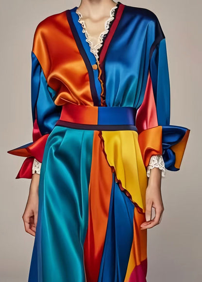 Blue Cinched Patchwork Silm Fit Silk Long Dresses Spring