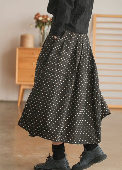 Retro Black Elastic Waist Pockets Dot Print Skirt Spring