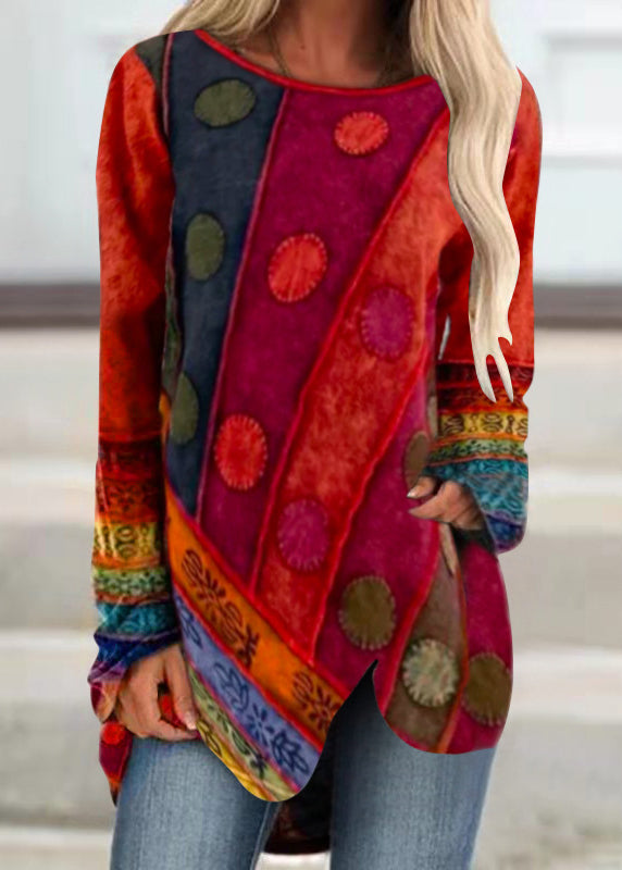 Red O-neck Asymmetrical Print Cotton T Shirt Top Spring