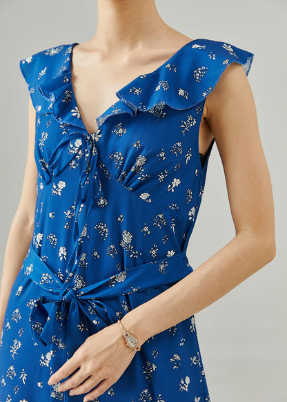 Blue Tie Waist Print Chiffon Party Dress Sleeveless