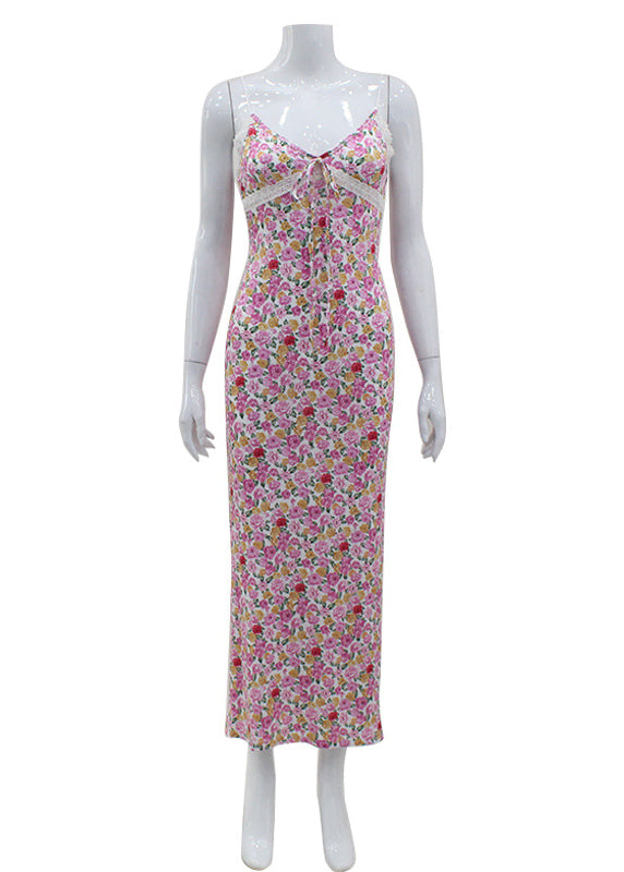 Fine Pink Print Cotton Spaghetti Strap Dress Summer