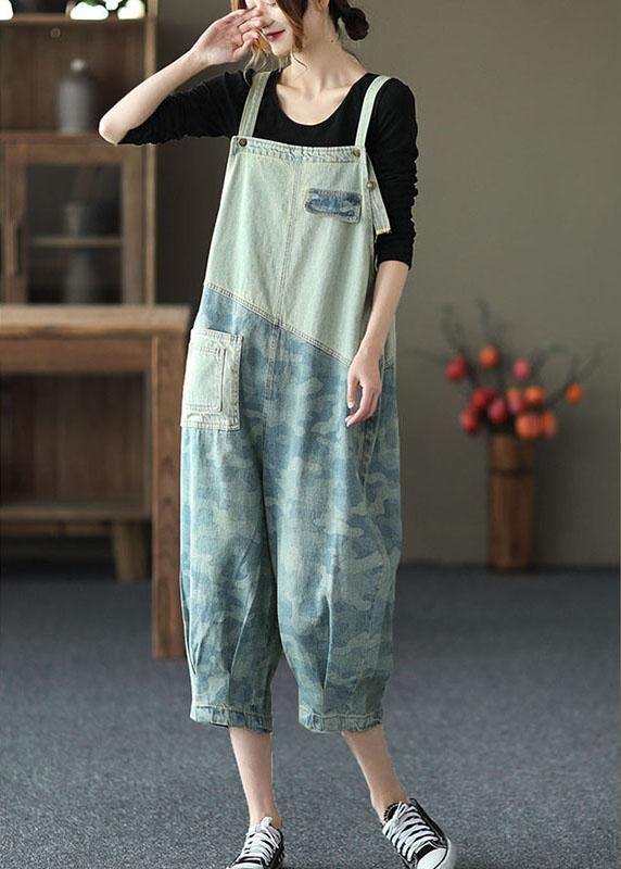 Light Blue Pockets Patchwork Jumpsuit Crop Pants