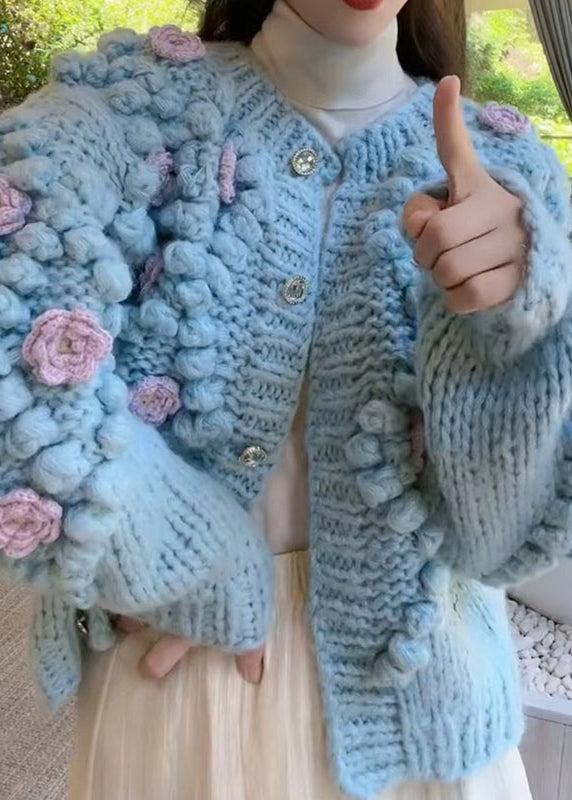 Blue O Neck Button Cozy Knit Coat Winter