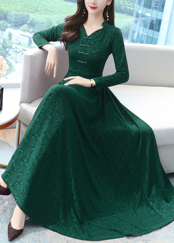 Green Print Chinese Button Cotton Long Dresse Spring