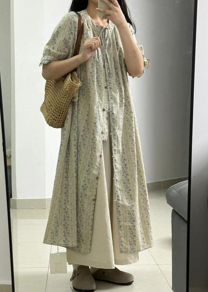 Light Green Print Button Long Dress and Skirts Two Piece Set Short Sleeve