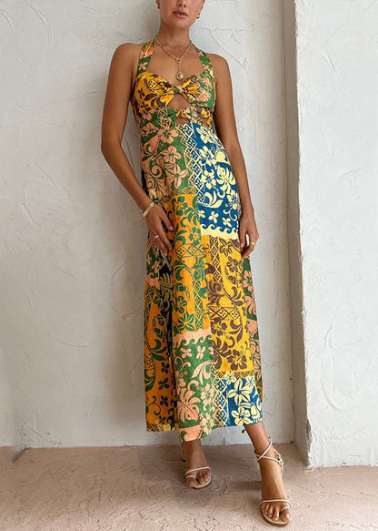 Colorblock Print Lace Up Linen Holiday Dress Sleeveless