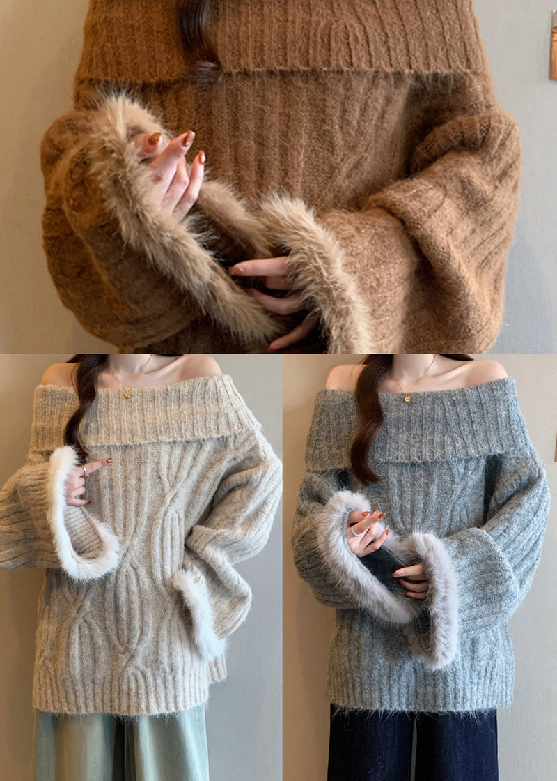 Brown Cold Shoulder Patchwork Faux Fur Knitted Tops Winter