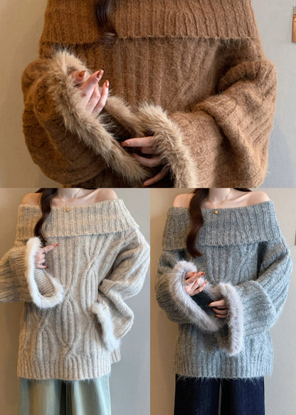 Brown Cold Shoulder Patchwork Faux Fur Knitted Tops Winter