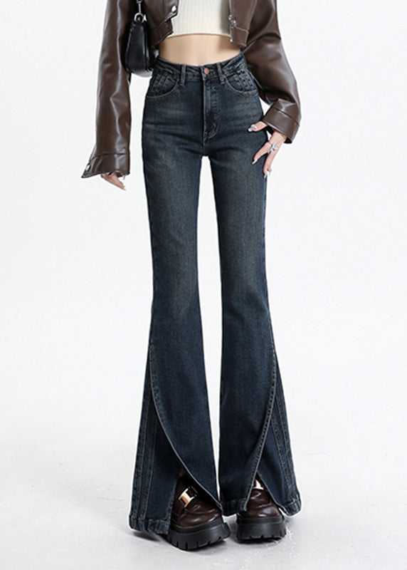 Blue Asymmetrical Pockets Patchwork High Waist Denim Flared Trousers Spring