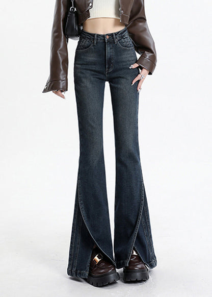 Blue Asymmetrical Pockets Patchwork High Waist Denim Flared Trousers Spring