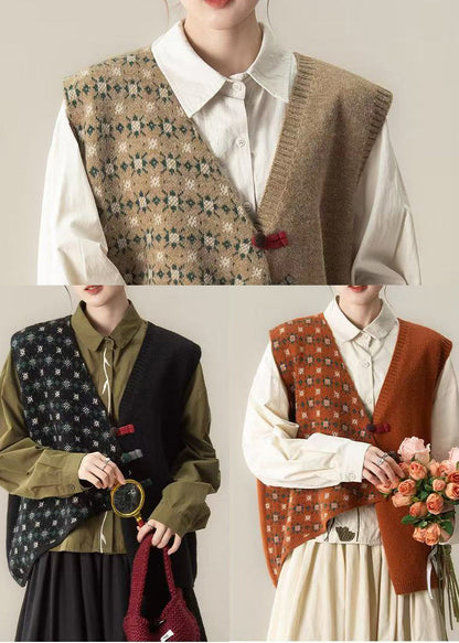 Khaki Loose Knit Short Vests Asymmetrical Design Winter