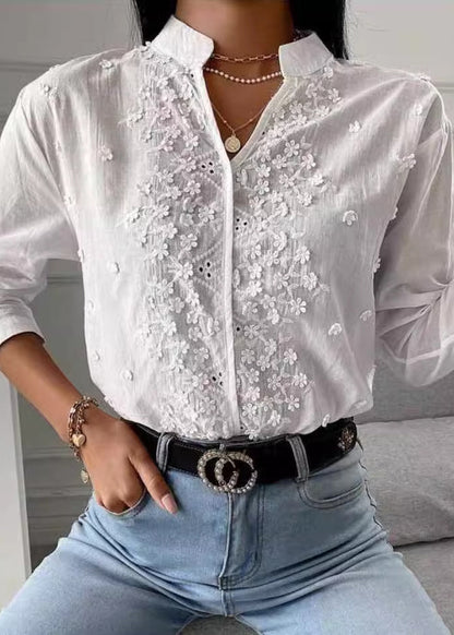White V Neck Embroidered Cotton Blouse Tops Spring