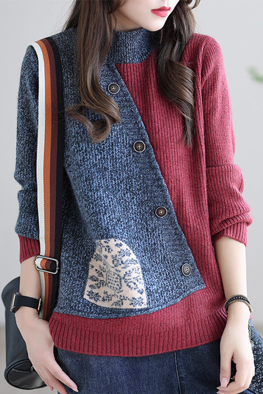 -retro Loose Sweater Turtleneck Stitching Sweater