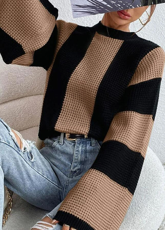 Khaki O Neck Striped Knit Sweaters Fall