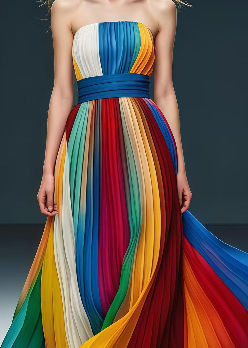 Rainbow Cinched Exra Large Hem Chiffon Strapless Pleated Dress Summer