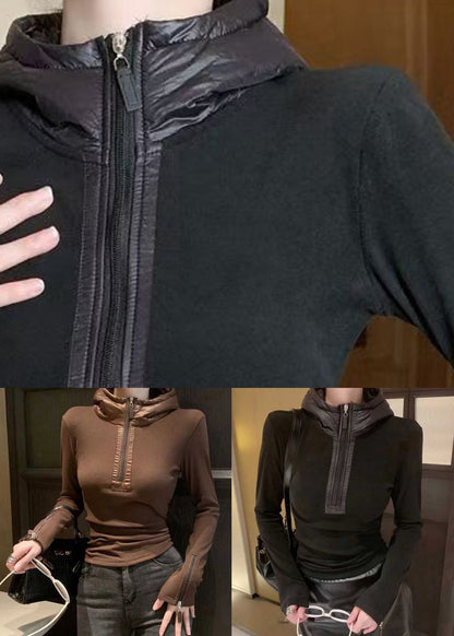 Coffee Zippered Patchwork Cotton Winter Shirt Hooded