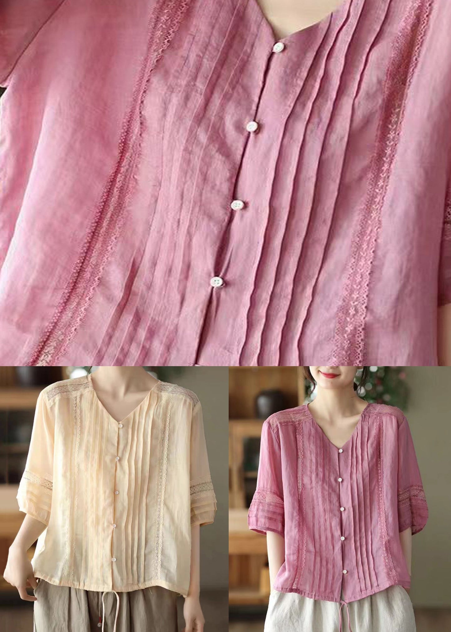 Rose V Neck Wrinkled Patchwork Linen Shirt Top Summer