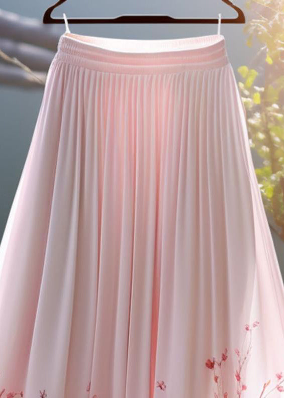 Pink Print Elastic Waist Chiffon Skirt Summer