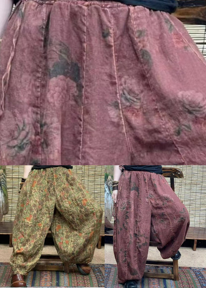 Green Pockets Patchwork Linen Lantern Pants Elastic Waist Summer
