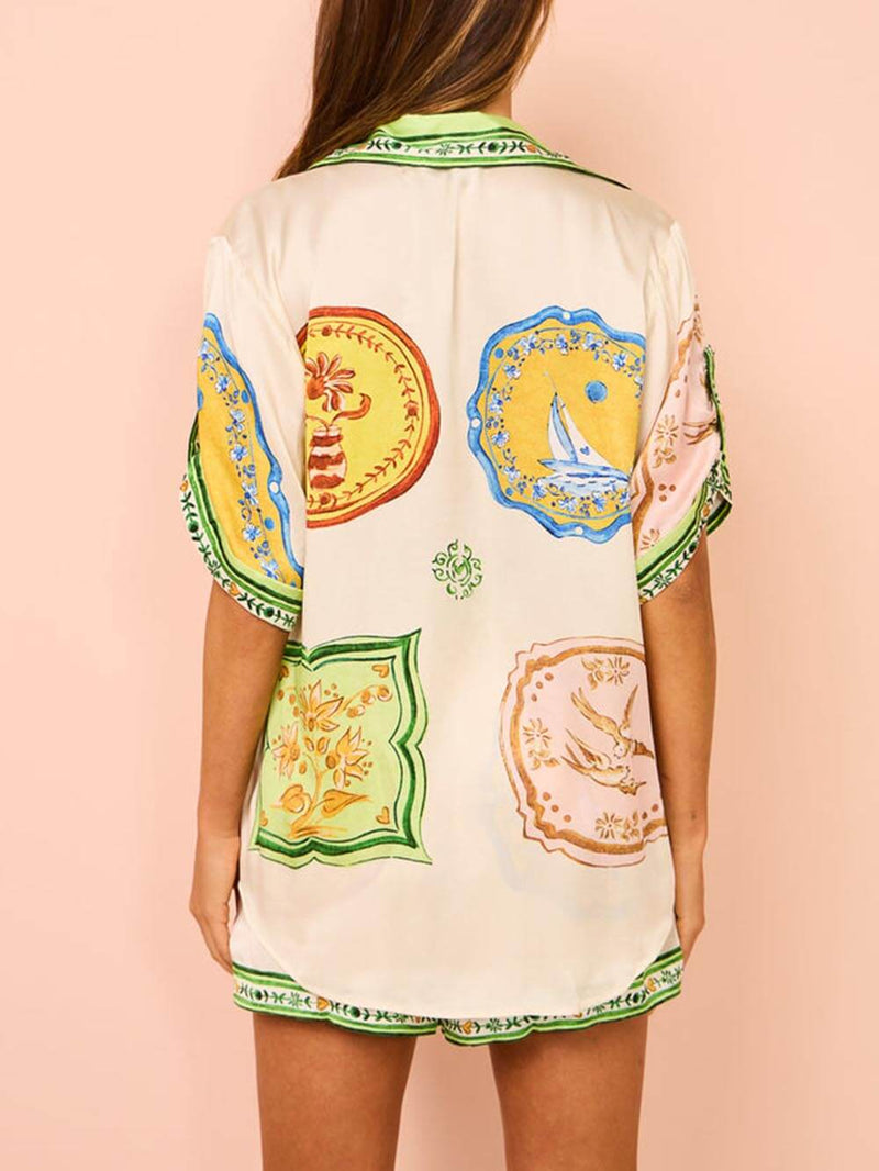 Unique Cream Print Shirt Shorts Set