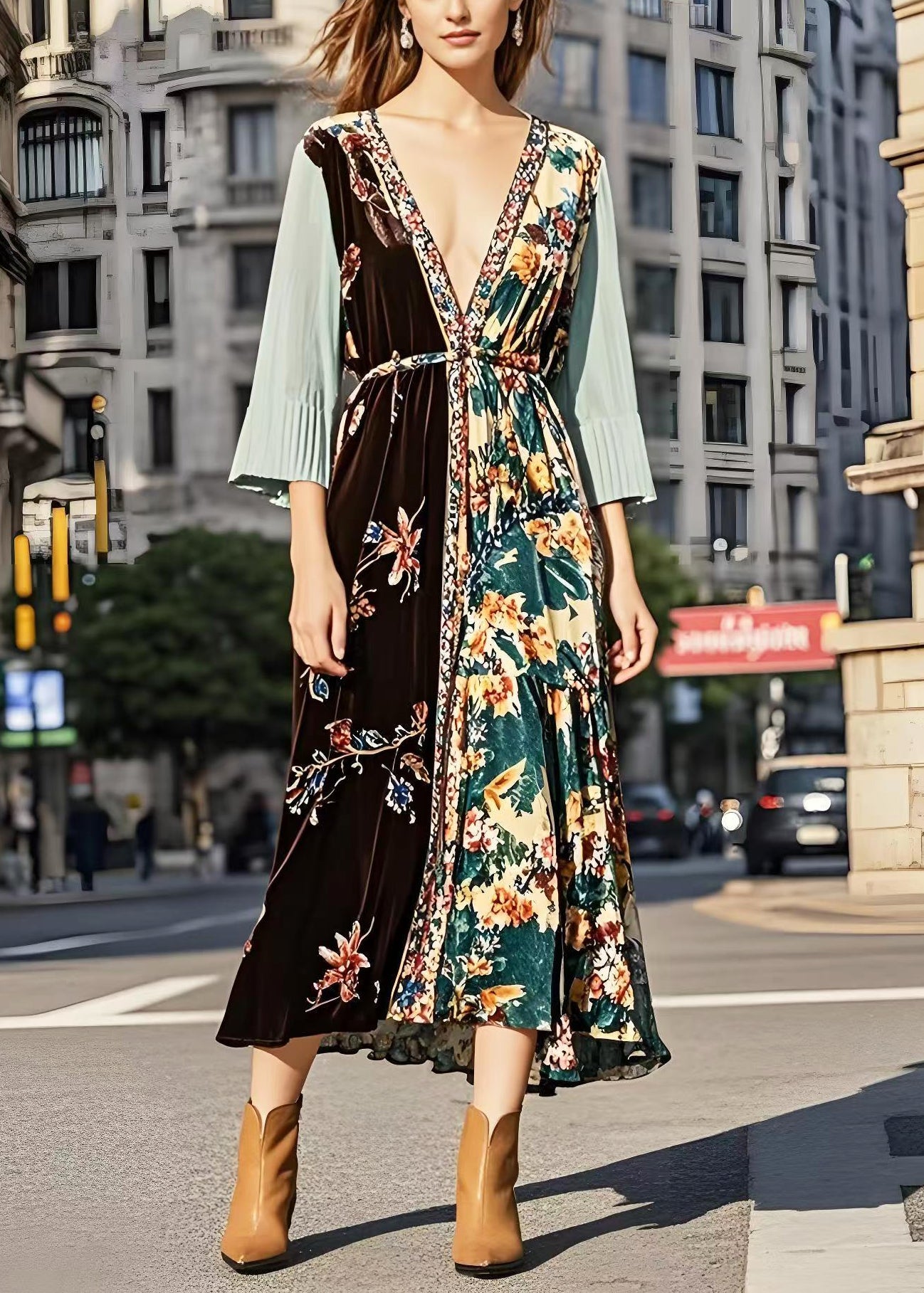 Boutique Deep-v Neck Patchwork Silk Velvet Holiday Dresses Bracelet Sleeve