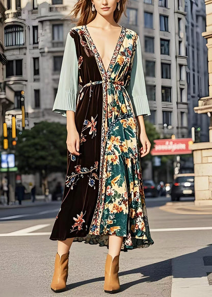 Boutique Deep-v Neck Patchwork Silk Velvet Holiday Dresses Bracelet Sleeve