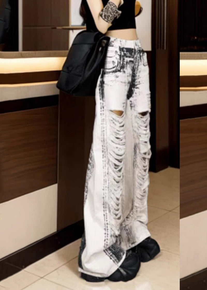 Loose White Tie Dye Pockets Hole Wide Leg Pants