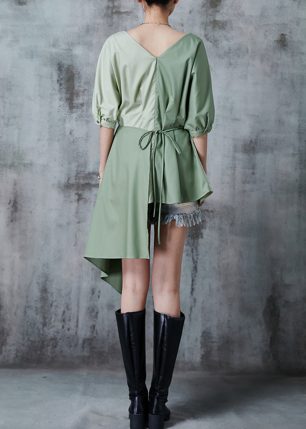 Green Asymmetrical Patchwork Cotton Shirt Top Summer