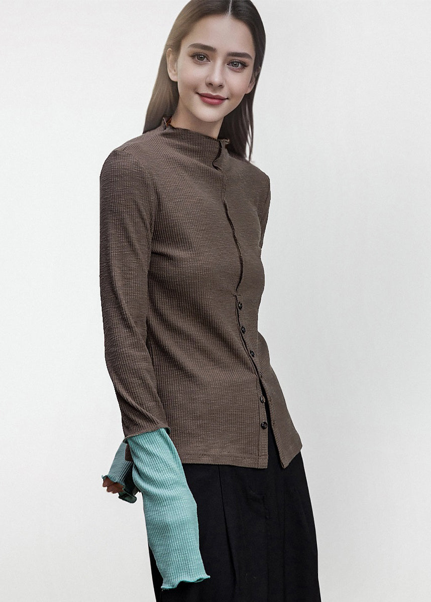 Brown Button Patchwork Cotton T Shirts Fall