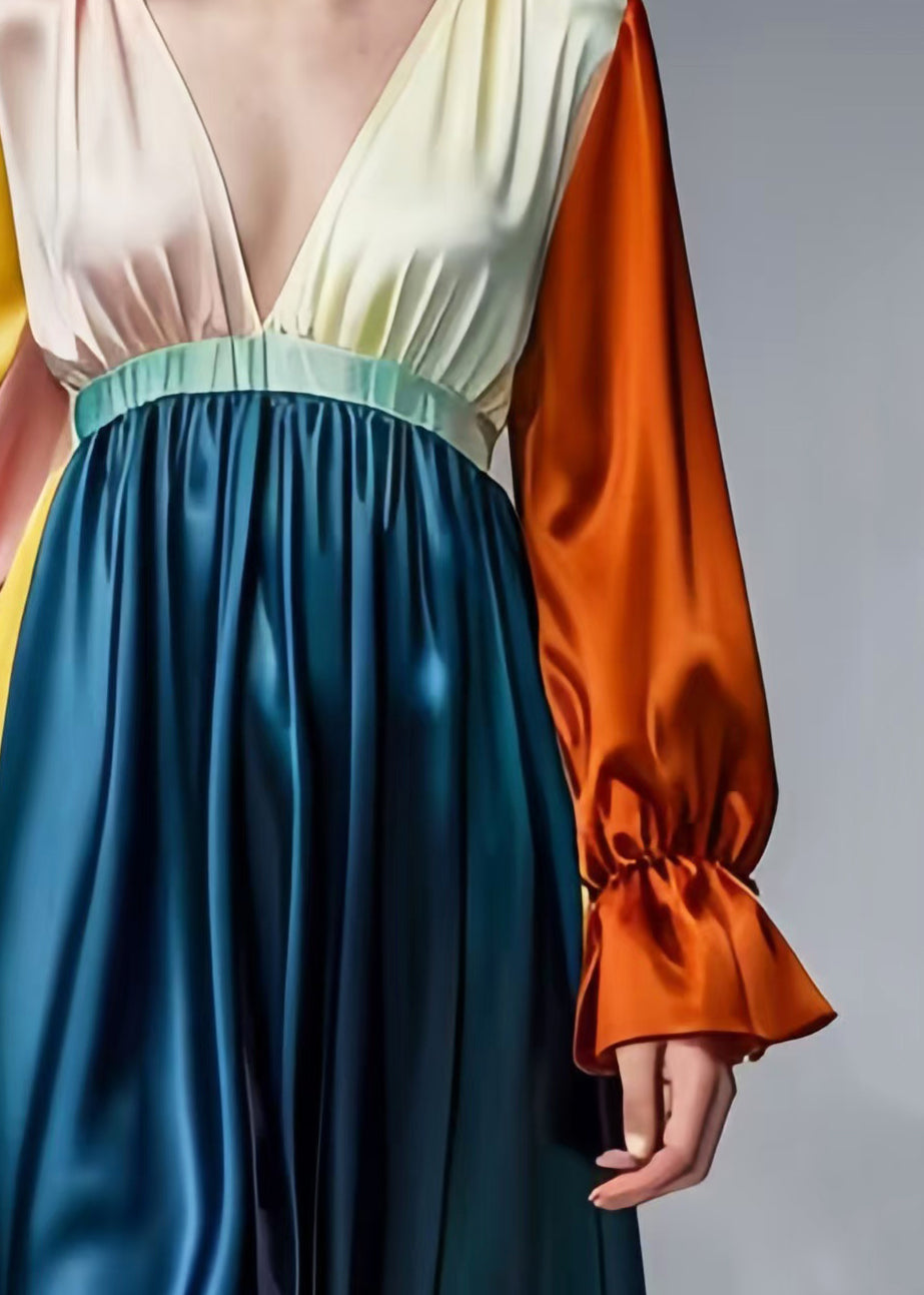 French Colorblock Deep-v Neck Patchwork Draping Silk Dress Spring