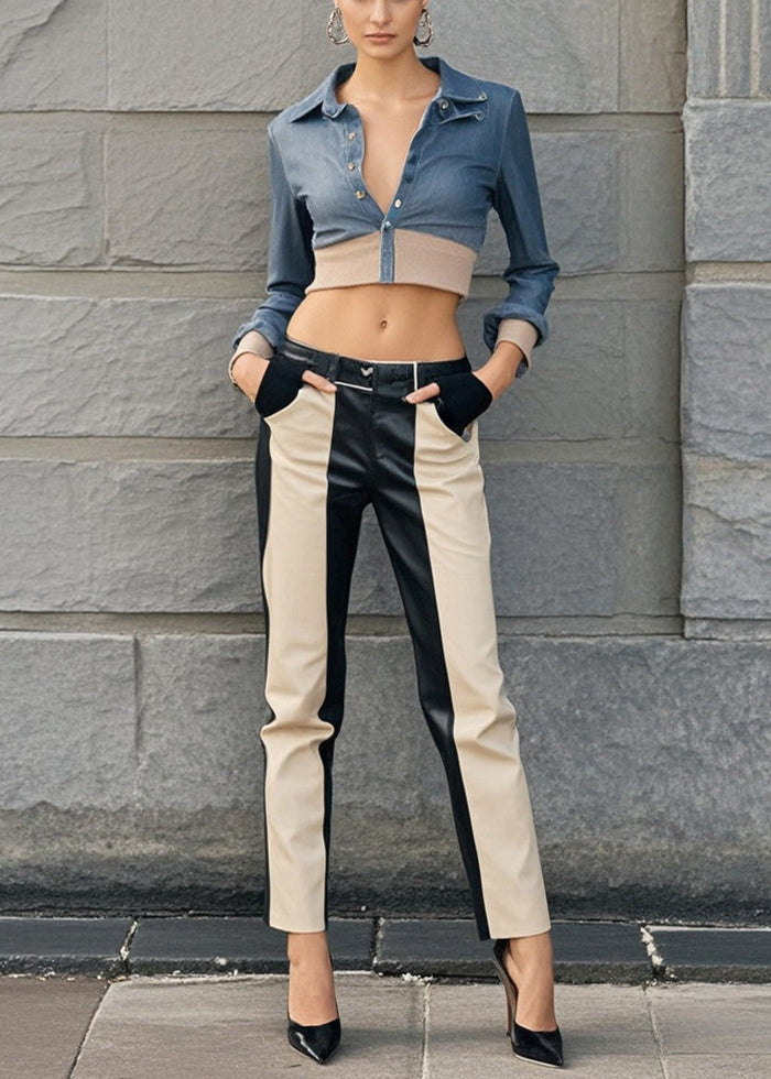 Modern Khaki Black Patchwork Pockets Faux Leather Pants Fall