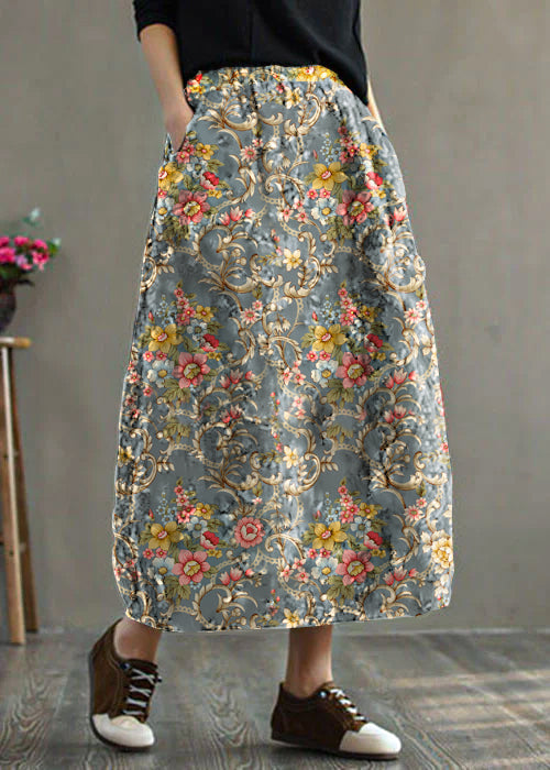 Red Elastic Waist Patchwork Print Fine Cotton Filled Skirt Winter