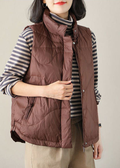 Dark Chocolate Duck Down Vest Tops Stand Collar Pockets Zip Up Winter