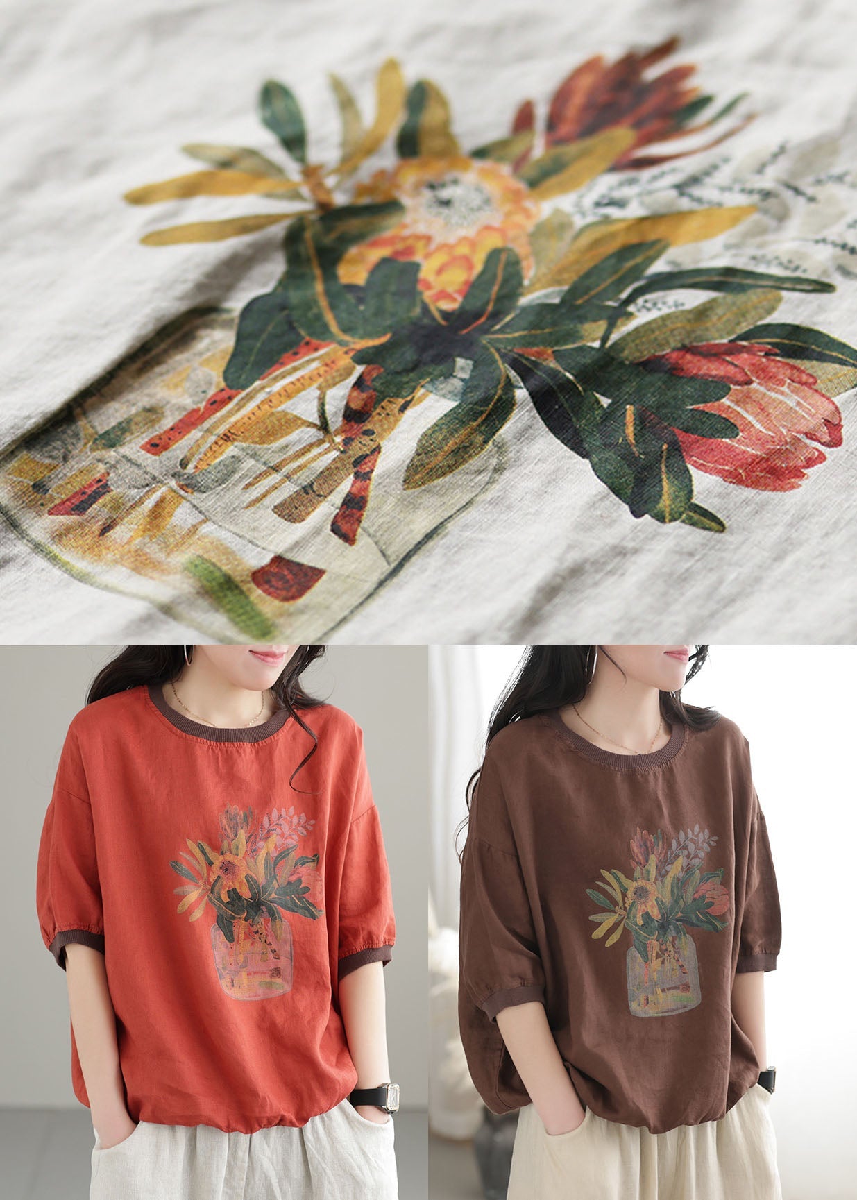 White Print Linen Sweatshirts Top O-neck Oversized Short Sleeve