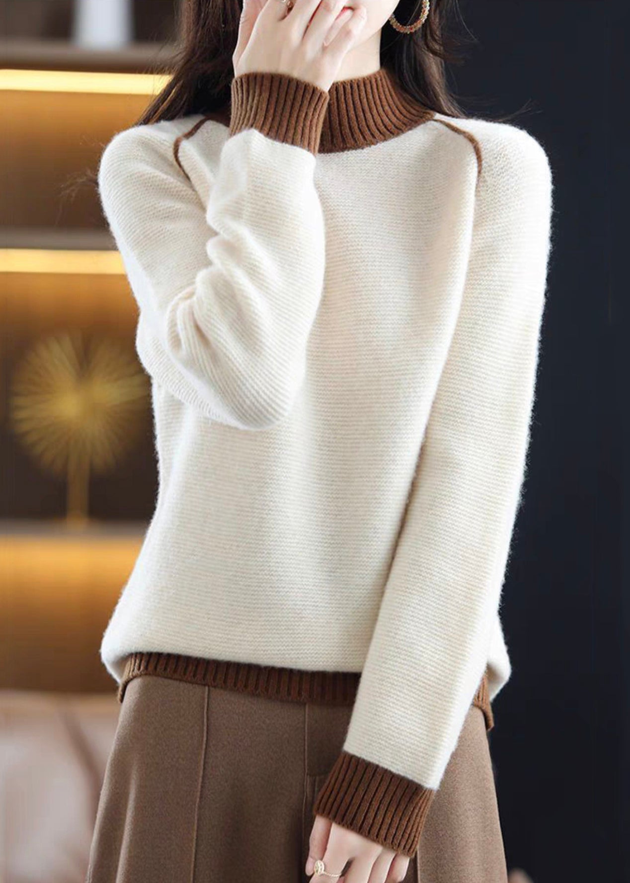 Brown Turtleneck Cozy Patchwork Wool Knit Sweaters